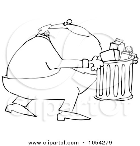 Royalty-Free Vector Clip Art Illustration of a Black And White Santa Taking Out Garbage Outline by djart