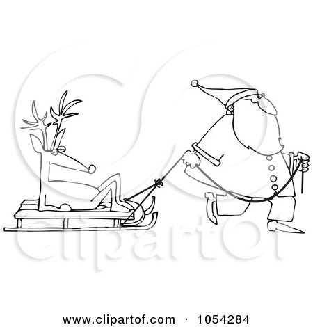 Royalty-Free Vector Clip Art Illustration of a Black And White Santa Pulling A Reindeer On A Sled Outline by djart