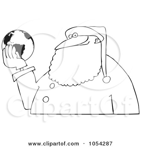 Royalty-Free Vector Clip Art Illustration of a Black And White Santa Holding A Globe Outline by djart