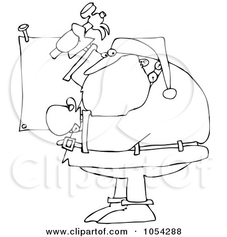Royalty-Free Vector Clip Art Illustration of a Black And White Santa Nailing A Sign Outline by djart