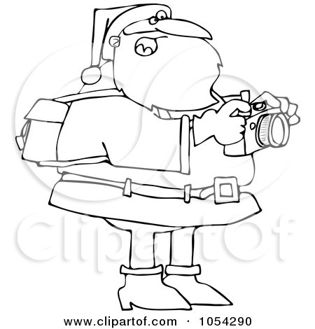 Royalty-Free Vector Clip Art Illustration of a Black And White Santa Taking Pictures Outline by djart