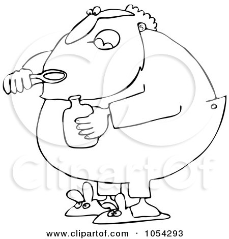 Royalty-Free Vector Clip Art Illustration of a Black And White Santa Taking Cough Syrup Outline by djart