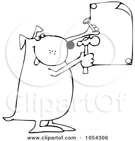 Royalty-Free Vector Clip Art Illustration of a Black And White Dog Nailing A Sign Outline by djart