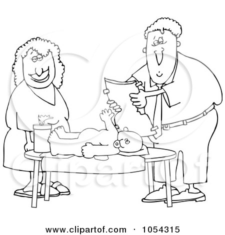 Royalty-Free Vector Clip Art Illustration of a Black And White Father Changing A Baby Diaper Outline by djart