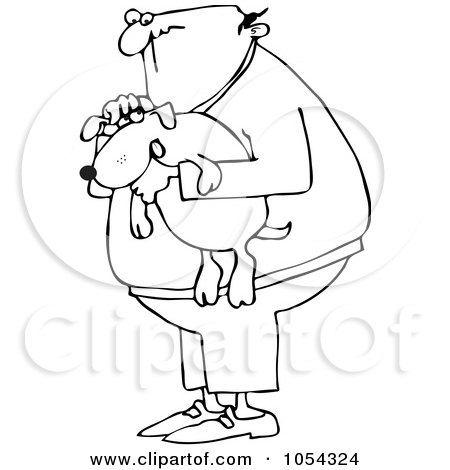 Royalty-Free Vector Clip Art Illustration of a Black And White Man Holding A Dog Outline by djart