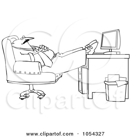 Royalty-Free Vector Clip Art Illustration of a Black And White Man Sleeping At Work Outline by djart