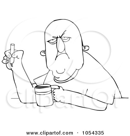 Royalty-Free Vector Clip Art Illustration of a Black And White Grumpy Smoker With Coffee Outline by djart