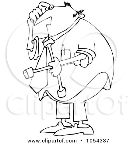Royalty-Free Vector Clip Art Illustration of a Black And White Man Holding A Lug Wrench Outline by djart