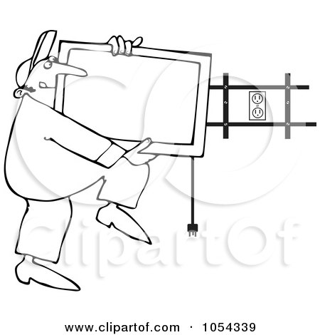 Royalty-Free Vector Clip Art Illustration of a Black And White TV Installer Outline by djart