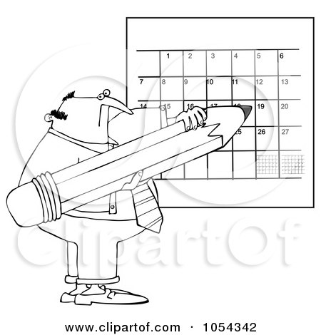 Royalty-Free Vector Clip Art Illustration of a Black And White Man Writing On A Calendar Outline by djart