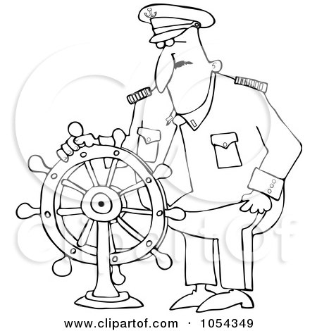 Royalty-Free Vector Clip Art Illustration of a Black And White Captain And Wheel Outline by djart