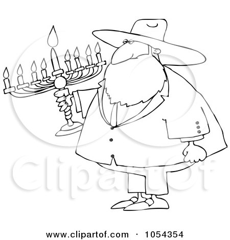 Royalty-Free Vector Clip Art Illustration of a Black And White Rabbi And Menorah Outline by djart