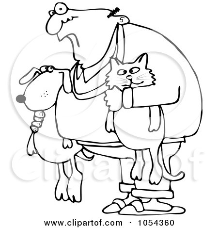 Royalty-Free Vector Clip Art Illustration of a Black And White Man Holding A Dog And Cat Outline by djart