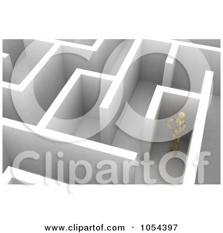 Royalty-Free Clip Art Illustration of a 3d Mannequin Thinking Of A Way Out Of A Maze by stockillustrations