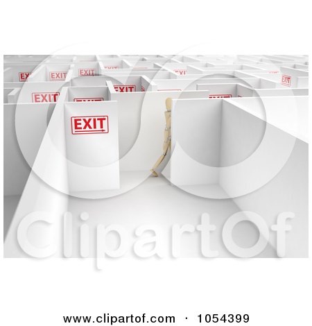 Royalty-Free Clip Art Illustration of a 3d Mannequin Following Exit Signs In A Maze by stockillustrations