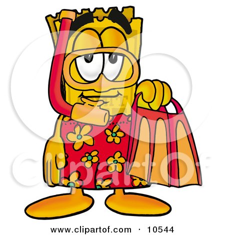 Clipart Picture of a Yellow Admission Ticket Mascot Cartoon Character in Orange and Red Snorkel Gear by Mascot Junction