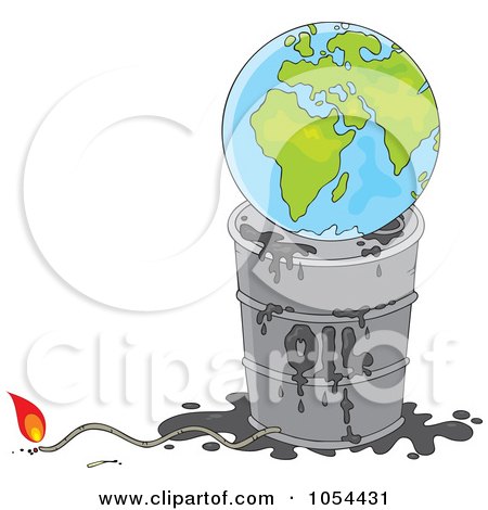 Royalty-Free Vector Clip Art Illustration of a Globe On Top Of A Barrel Of Oil With A Lit Fuse by Alex Bannykh