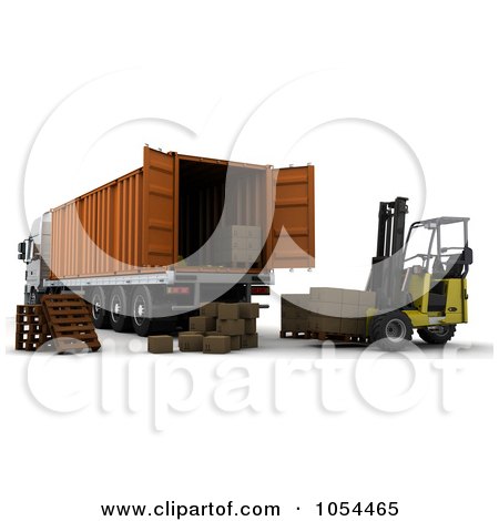 Royalty-Free Clip Art Illustration of a 3d Forklift Loading Boxes Into A Big Rig Container by KJ Pargeter