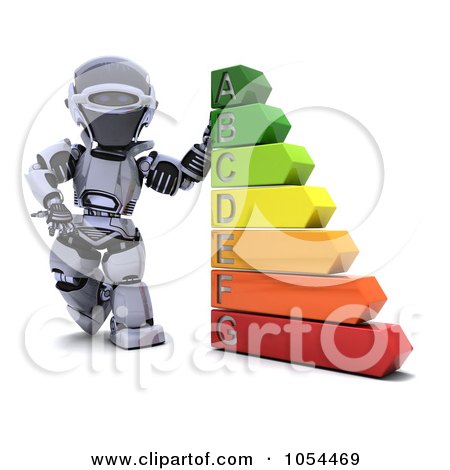 Royalty-Free Clip Art Illustration of a 3d Robot Standing By Energy Ratings by KJ Pargeter