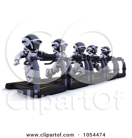 Royalty-Free Clip Art Illustration of 3d Robots Running On Treadmills by KJ Pargeter