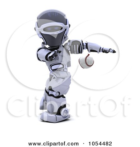 Royalty-Free Clip Art Illustration of a 3d Robot Pitching A Baseball by KJ Pargeter