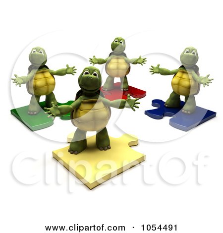 Royalty-Free Clip Art Illustration of 3d Tortoises On Puzzle Pieces by KJ Pargeter