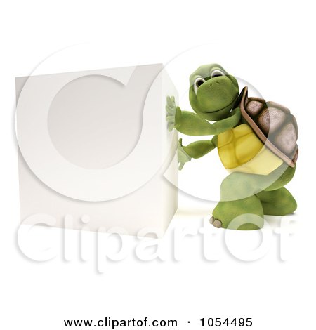 Royalty-Free Clip Art Illustration of a 3d Tortoise Pushing A Blank Cube Sign by KJ Pargeter