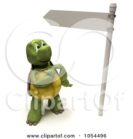 Royalty-Free Clip Art Illustration of a 3d Tortoise By A Directional Sign by KJ Pargeter