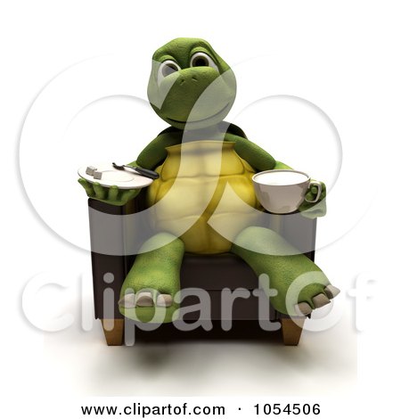 Royalty-Free Clip Art Illustration of a 3d Tortoise Sitting With A Snack And Beverage by KJ Pargeter