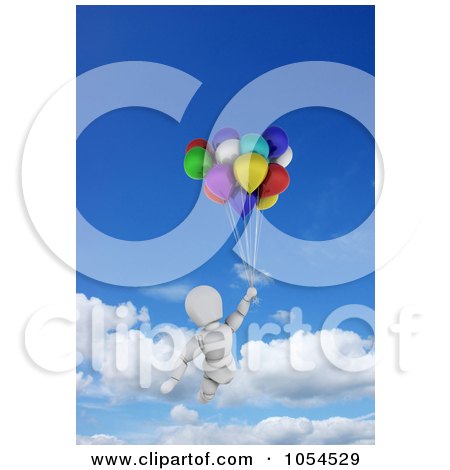 Royalty-Free Clip Art Illustration of a 3d White Character Floating In The Sky With Birthday Balloons by KJ Pargeter