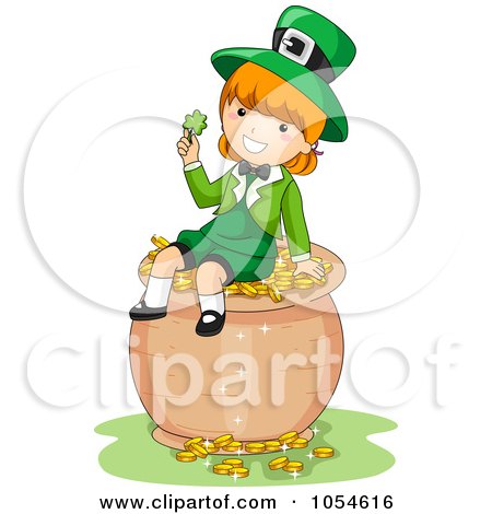 Royalty-Free Vector Clip Art Illustration of a St Patricks Day Leprechaun Girl Holding A Clover On A Pot Of Gold by BNP Design Studio