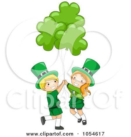 Royalty-Free Vector Clip Art Illustration of a St Patricks Day Leprechaun Boy And Girl With Shamrock Balloons by BNP Design Studio