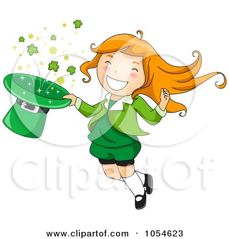 Royalty-Free Vector Clip Art Illustration of a St Patricks Day Leprechaun Girl Jumping With A Hat Of Shamrocks by BNP Design Studio