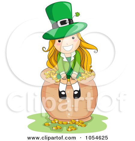 Royalty-Free Vector Clip Art Illustration of a St Patricks Day Leprechaun Girl Sitting On A Pot Of Gold by BNP Design Studio