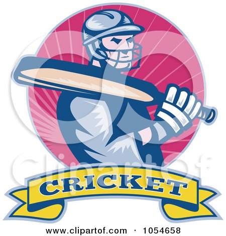 Royalty-Free Vector Clip Art Illustration of a Blue, Pink And Yellow Cricket Logo by patrimonio