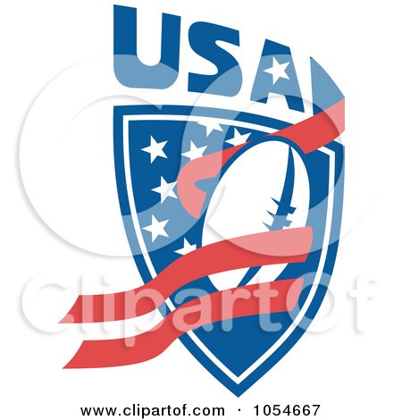 Royalty-Free Vector Clip Art Illustration of a USA Rugby Ball And Shield by patrimonio