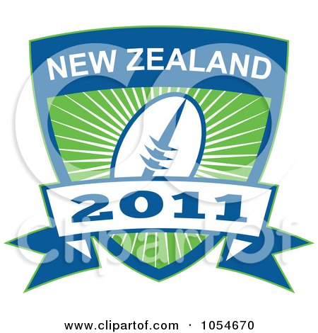 Royalty-Free Vector Clip Art Illustration of a Blue And Green New Zealand Rugby Shield And Banner by patrimonio