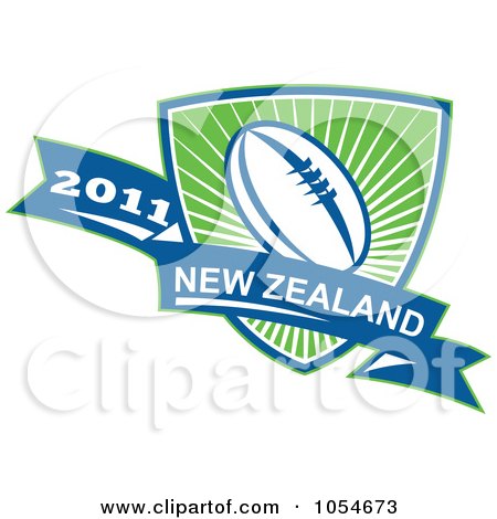 Royalty-Free Vector Clip Art Illustration of a Blue And Green 2011 New Zealand Rugby Shield And Banner by patrimonio