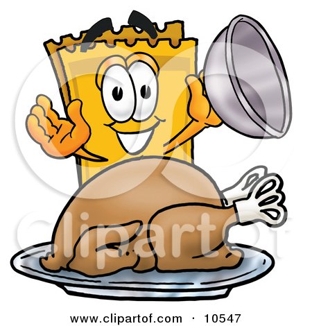 Clipart Picture of a Yellow Admission Ticket Mascot Cartoon Character Serving a Thanksgiving Turkey on a Platter by Mascot Junction