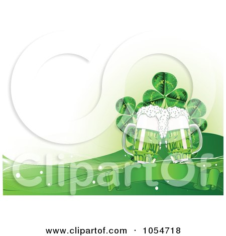 Royalty-Free Vector Clip Art Illustration of a St Patricks Day Background Of Beer, A Banner, Clovers And Waves by Pushkin