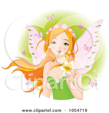 Royalty-Free Vector Clip Art Illustration of a Red Haired Fairy Holding A Daffodil Over Green by Pushkin