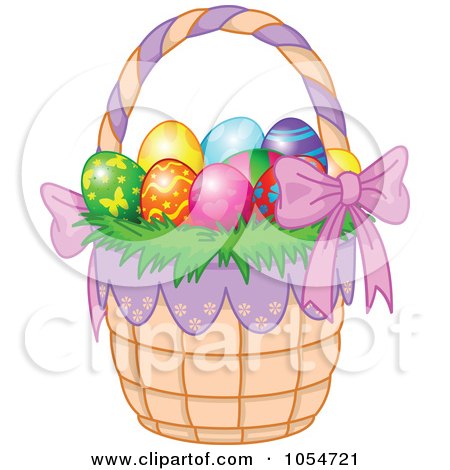 Royalty-Free Vector Clip Art Illustration of a Basket Of Colorful Easter Eggs by Pushkin