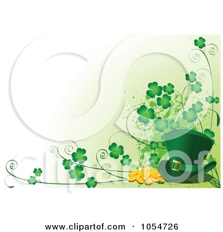 Royalty-Free Vector Clip Art Illustration of a St Patricks Day Background Of Gold, Clovers And A Leprechaun Hat by Pushkin