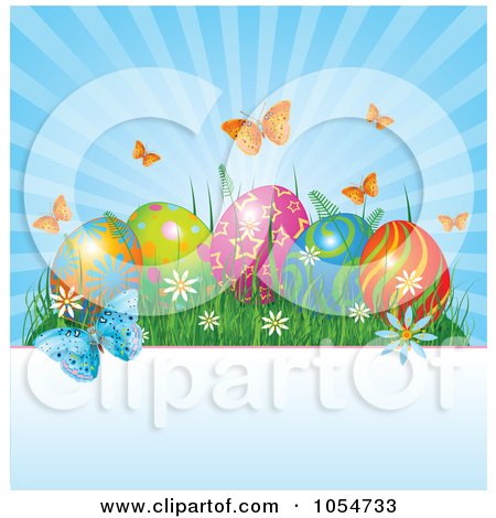 Royalty-Free Vector Clip Art Illustration of Rays Shining Behind Butterflies And Easter Eggs, Over Copyspace by Pushkin