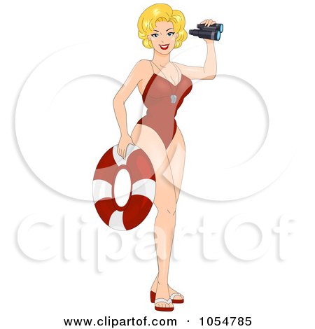 Royalty-Free Vector Clip Art Illustration of a Sexy Lifeguard Pinup With A Life Buoy And Binoculars by BNP Design Studio