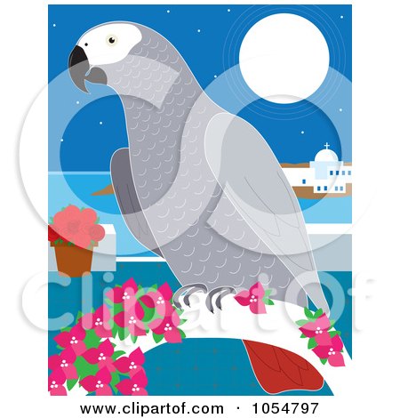 Royalty-Free Vector Clip Art Illustration of an African Gray Parrot On A Coastal Perch by Maria Bell