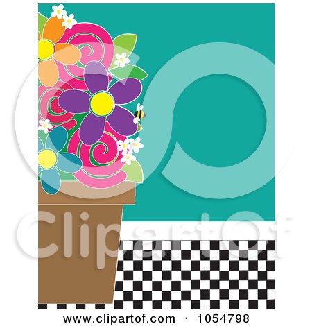 Royalty-Free Vector Clip Art Illustration of a Flower Pot And Bee Against Turquoise And A Checkered Floor by Maria Bell