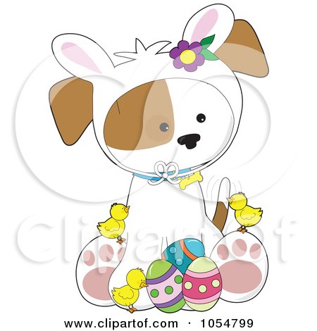 Royalty-Free Vector Clip Art Illustration of a Cute Easter Puppy With Bunny Ears, Chicks And Eggs by Maria Bell