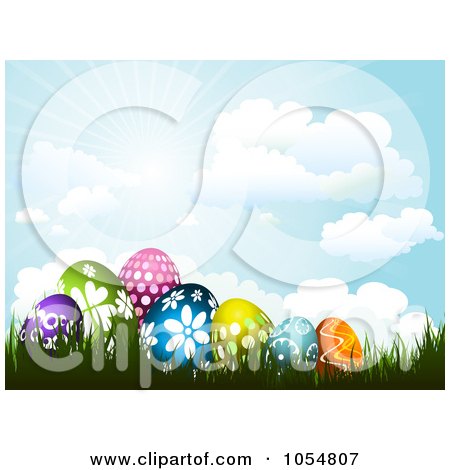 Royalty-Free Vector Clip Art Illustration of a Background Of Patterned Easter Eggs In Grass by KJ Pargeter