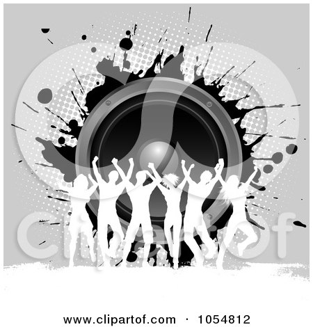 Royalty-Free Vector Clip Art Illustration of a Group Of Silhouetted White Dancers Against Gray Grunge And Music Speakers by KJ Pargeter
